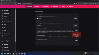 Brave browser search engine tab open in Settings