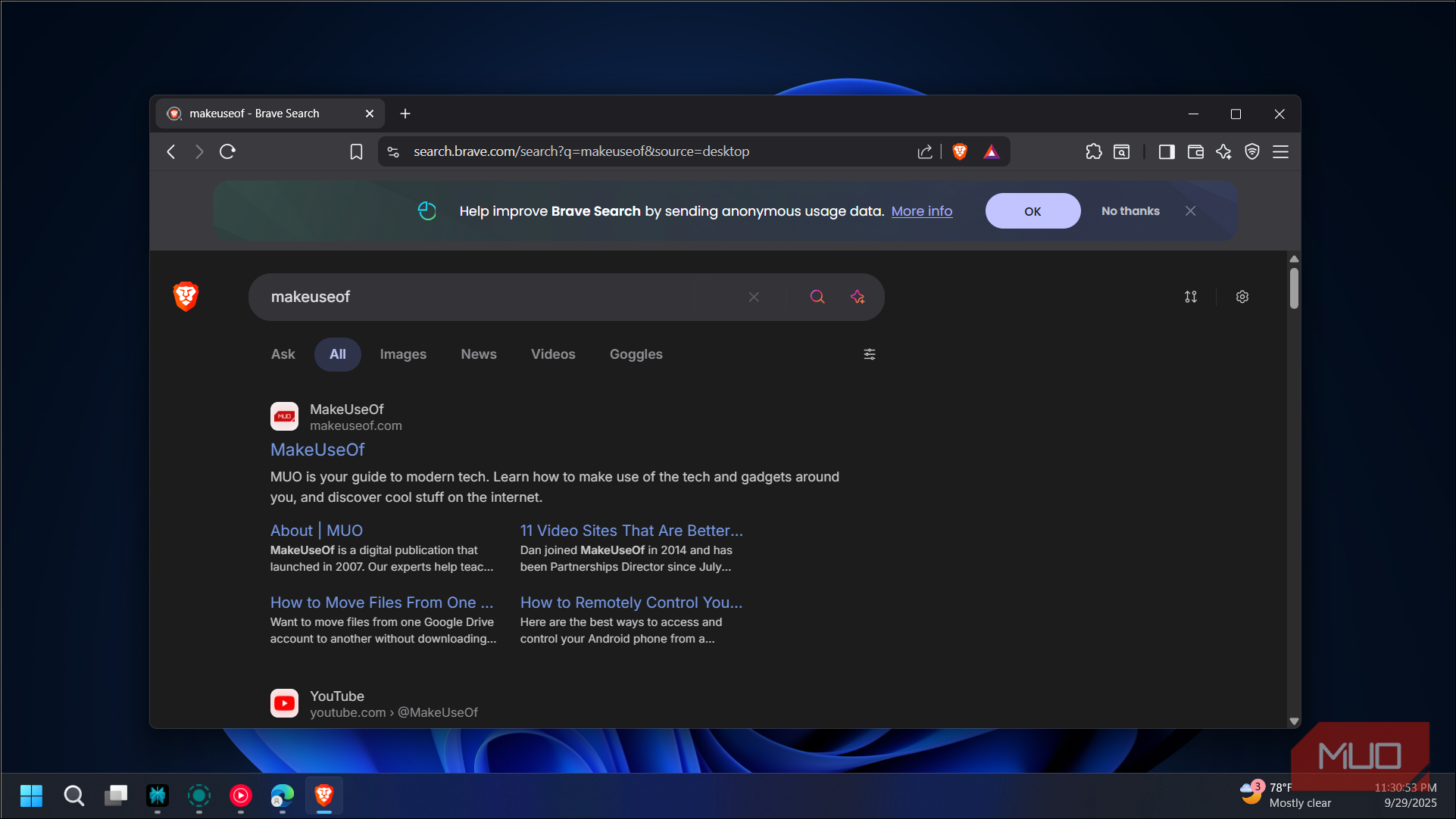 Brave browser search with makeuseof results