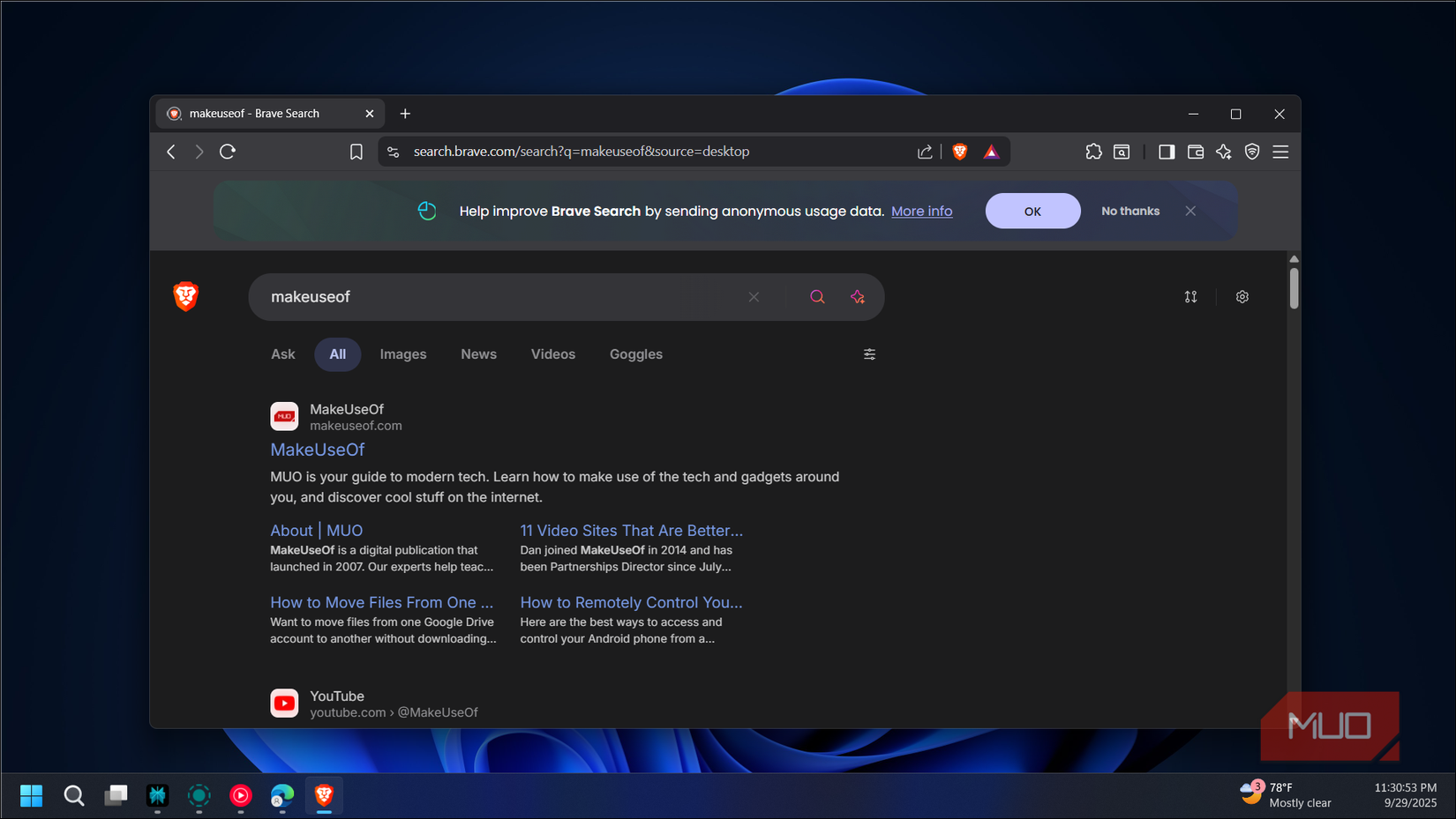 Brave browser search with makeuseof results