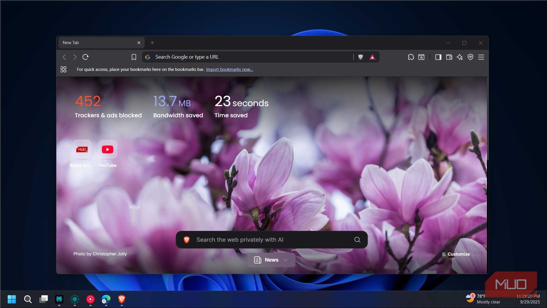 Brave browser start page open on a Windows 11 computer
