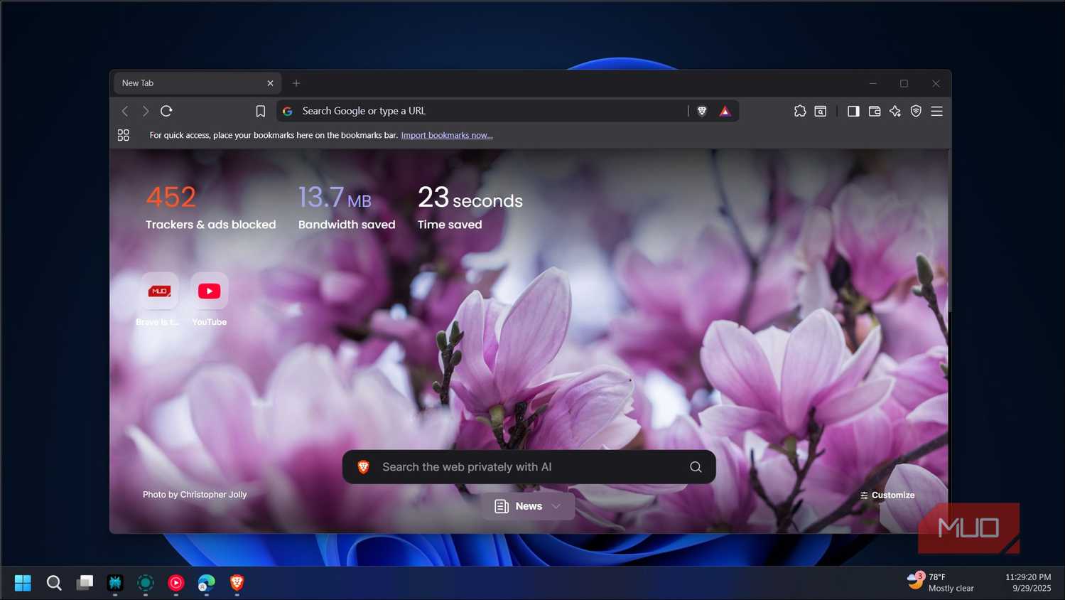Brave browser start page open on a Windows 11 computer