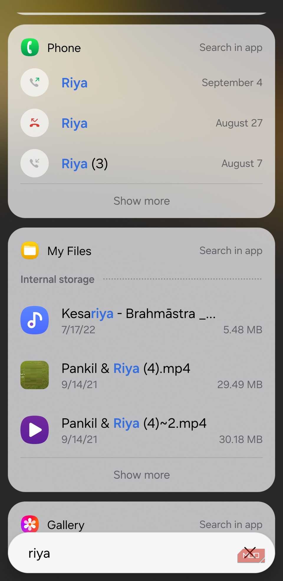 Call history for a contact in Samsung phone search bar