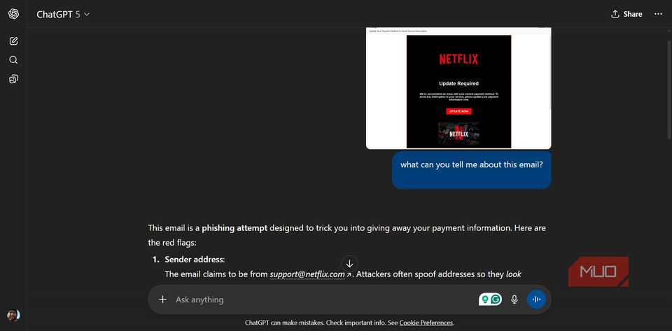 chatgpt gpt5 spotting phishing email attempt