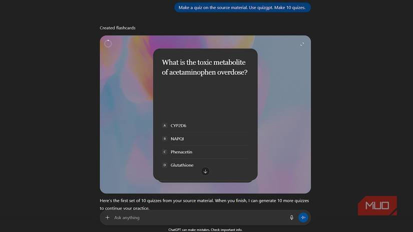 ChatGPT making quiz questions on toxins using QuizGPT