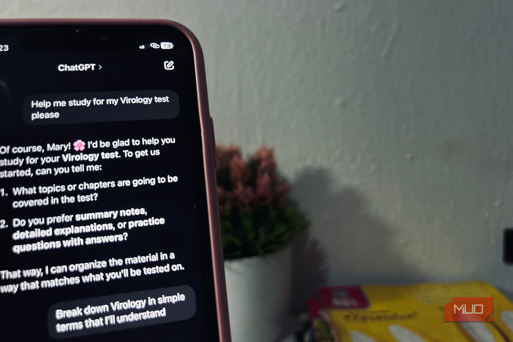 Image of a smartphone with a prompt in ChatGPT by a student
