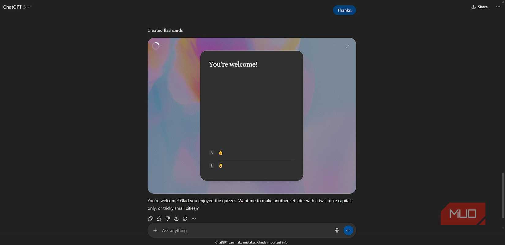 ChatGPT replying with a quiz flashcard to a thank you