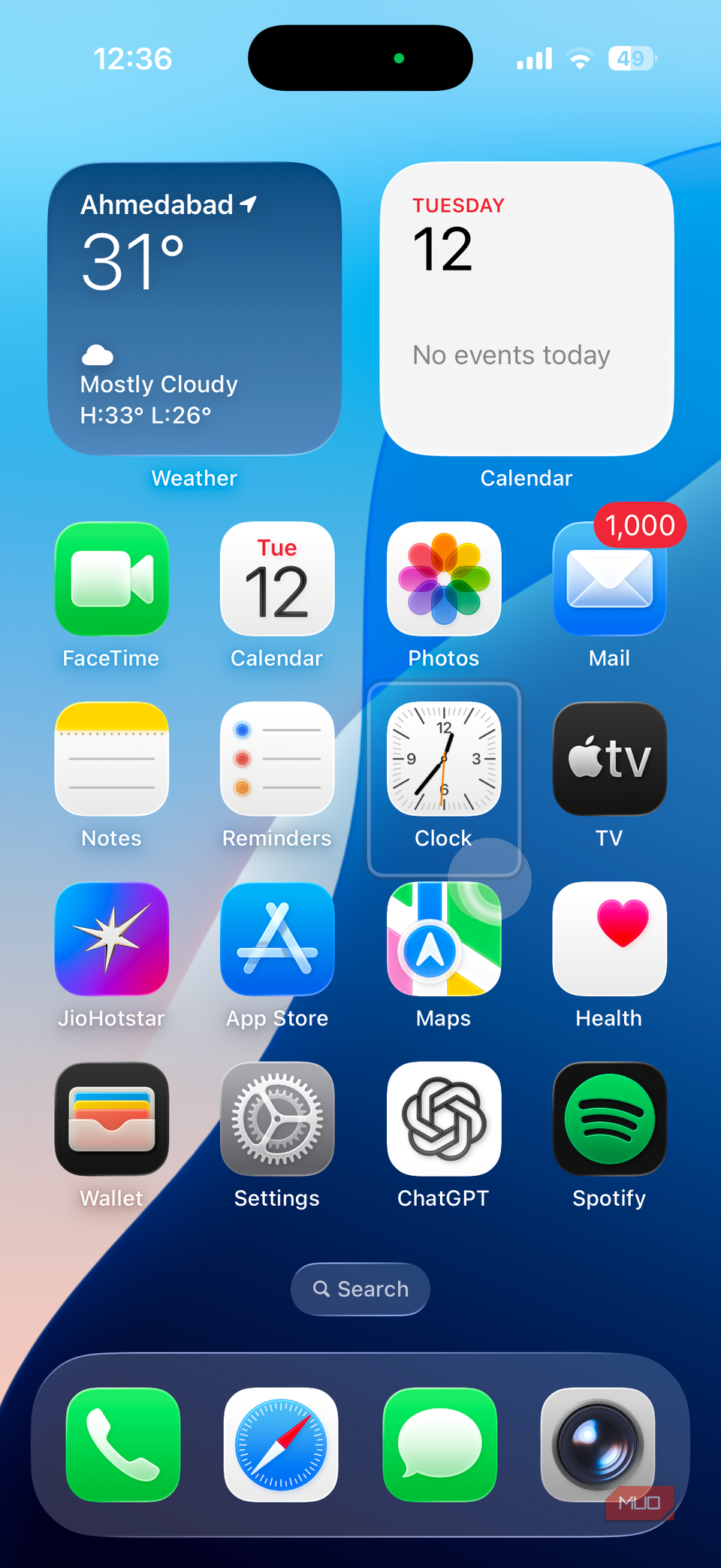 Clock app on home screen selected using eye tracking on iPhone
