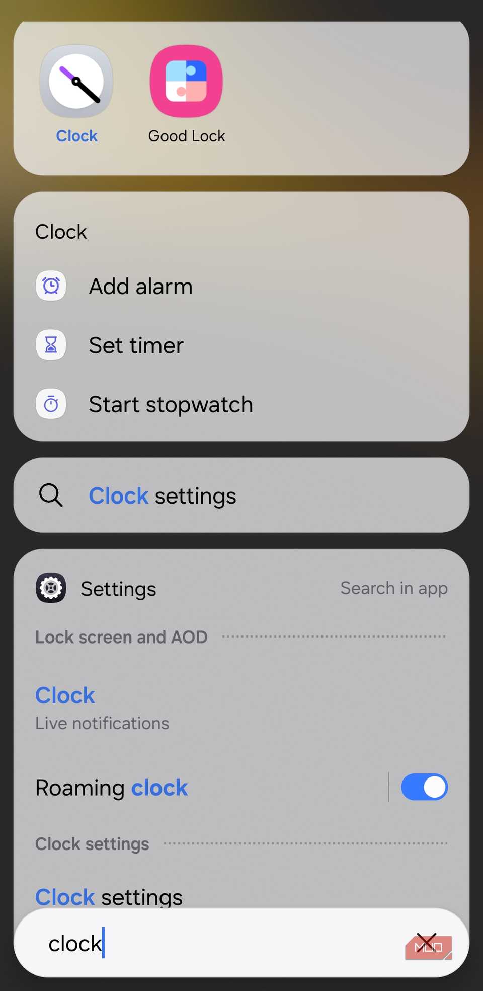 Clock app search in Samsung phone search bar