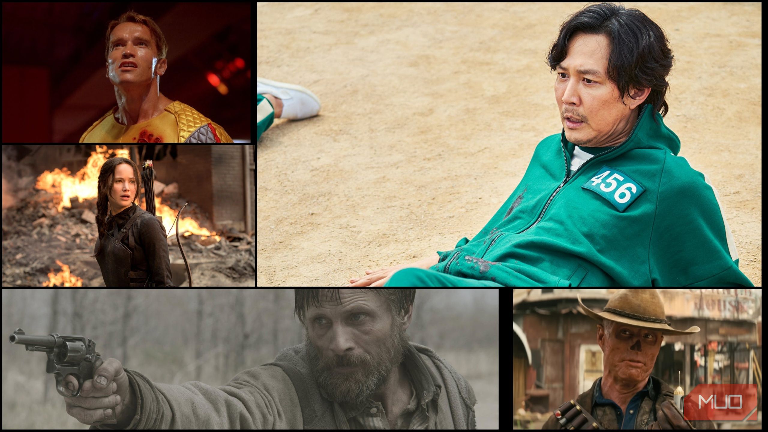 collage of the running man the hunger games squid game the road and fallout scenes
