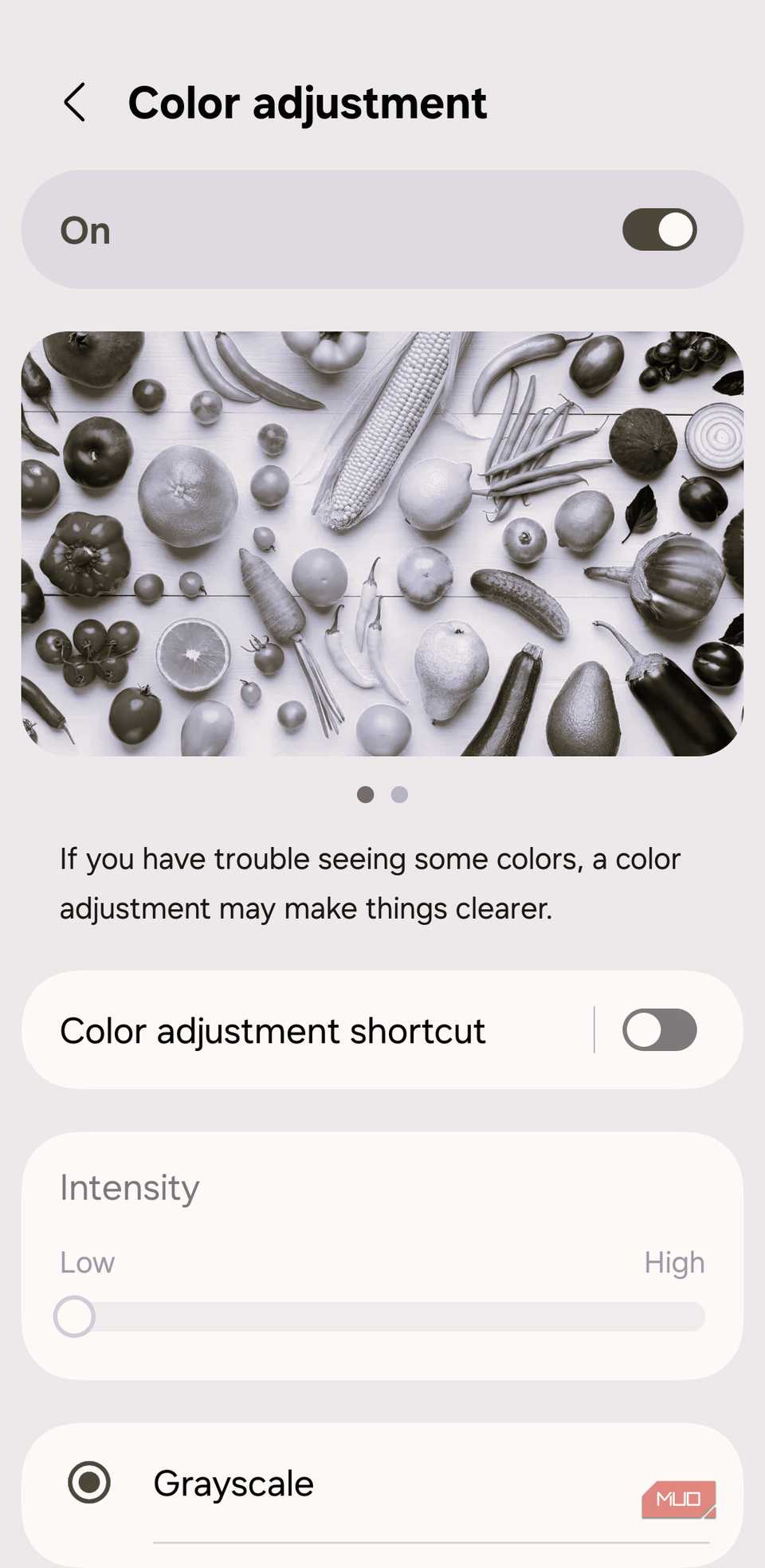 Color adustment settings menu on phone in black and white
