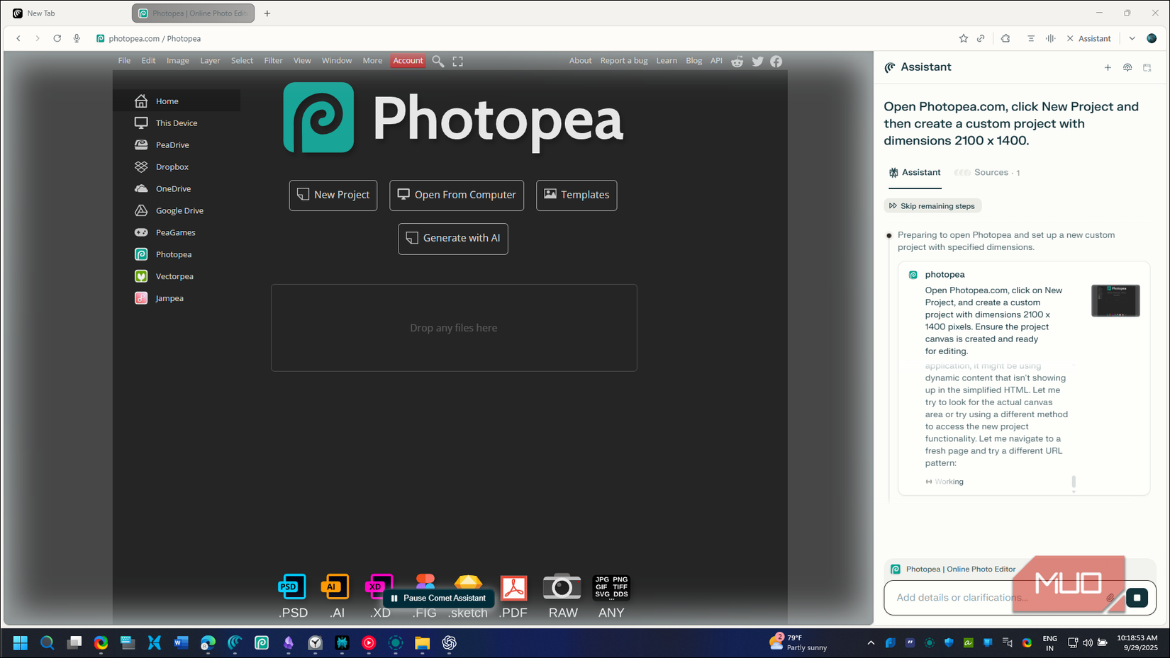 Comet assistant trying to create a new Photopea project