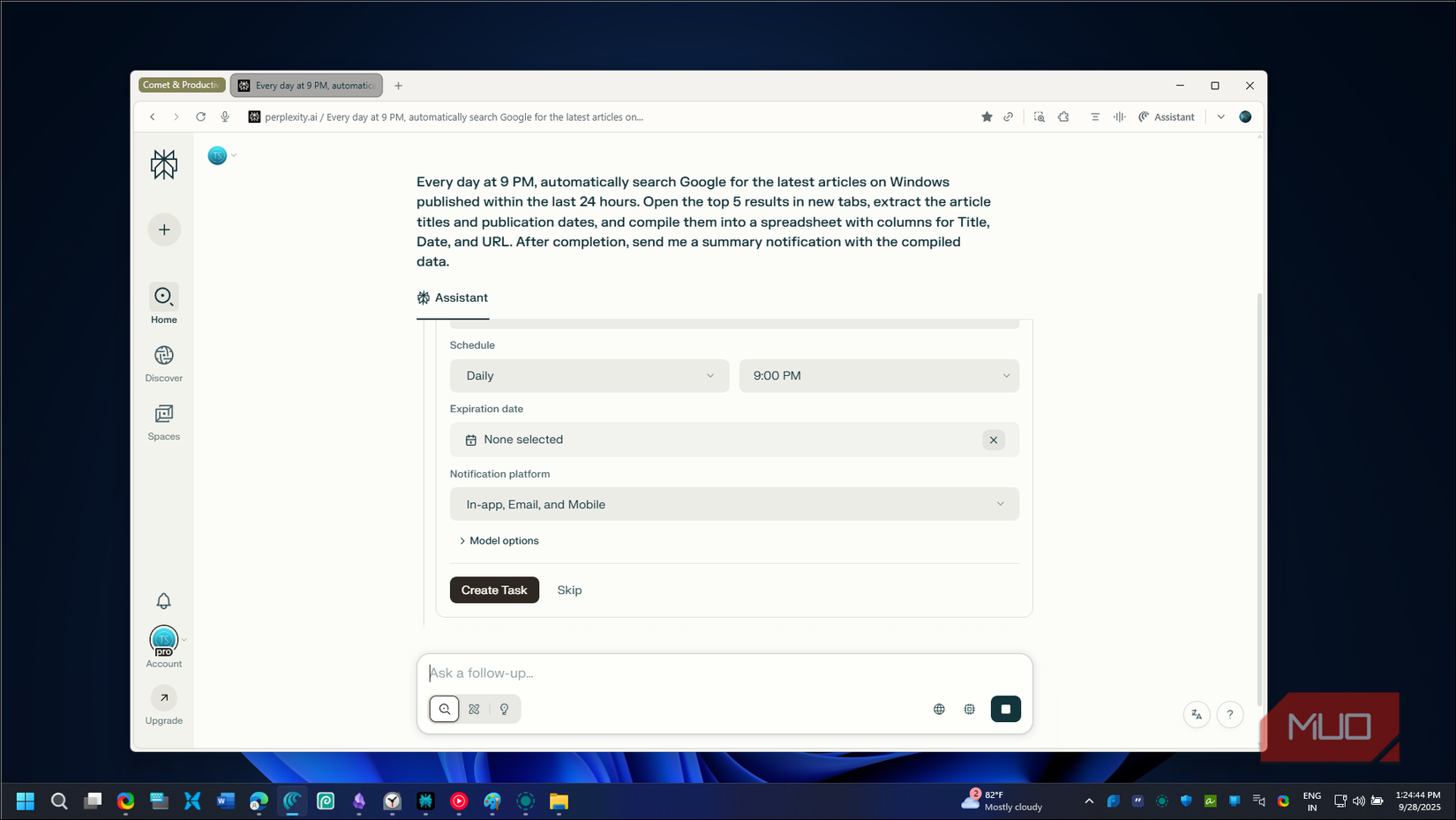 Comet browser create scheduled task