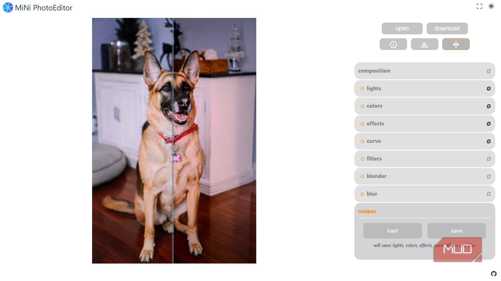 Comparing before and after edits in MiNi PhotoEditor.