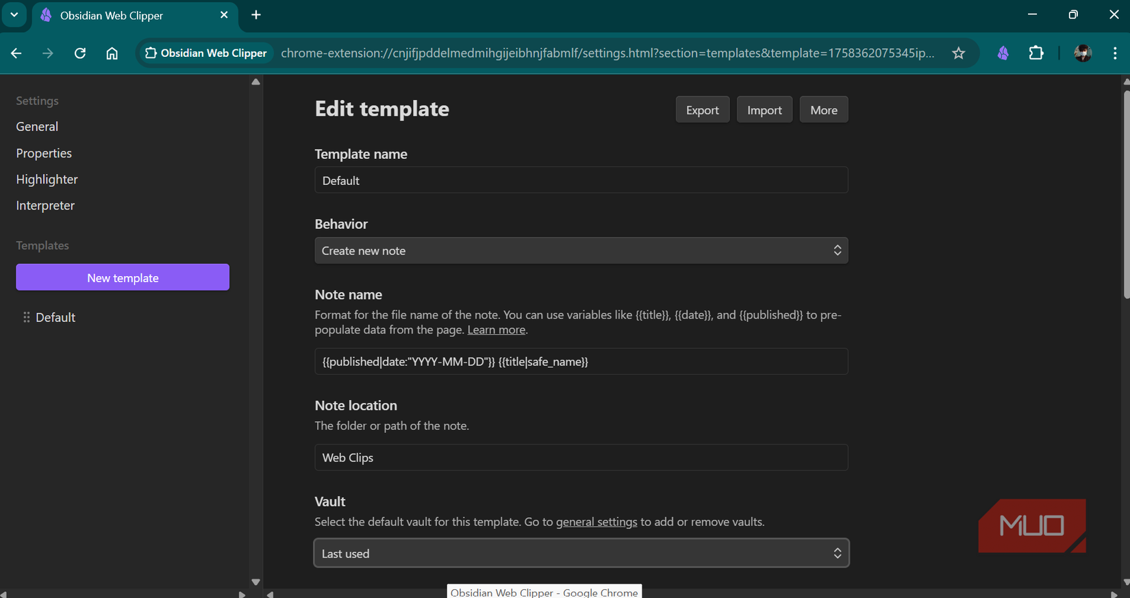 Configure clip title and note location