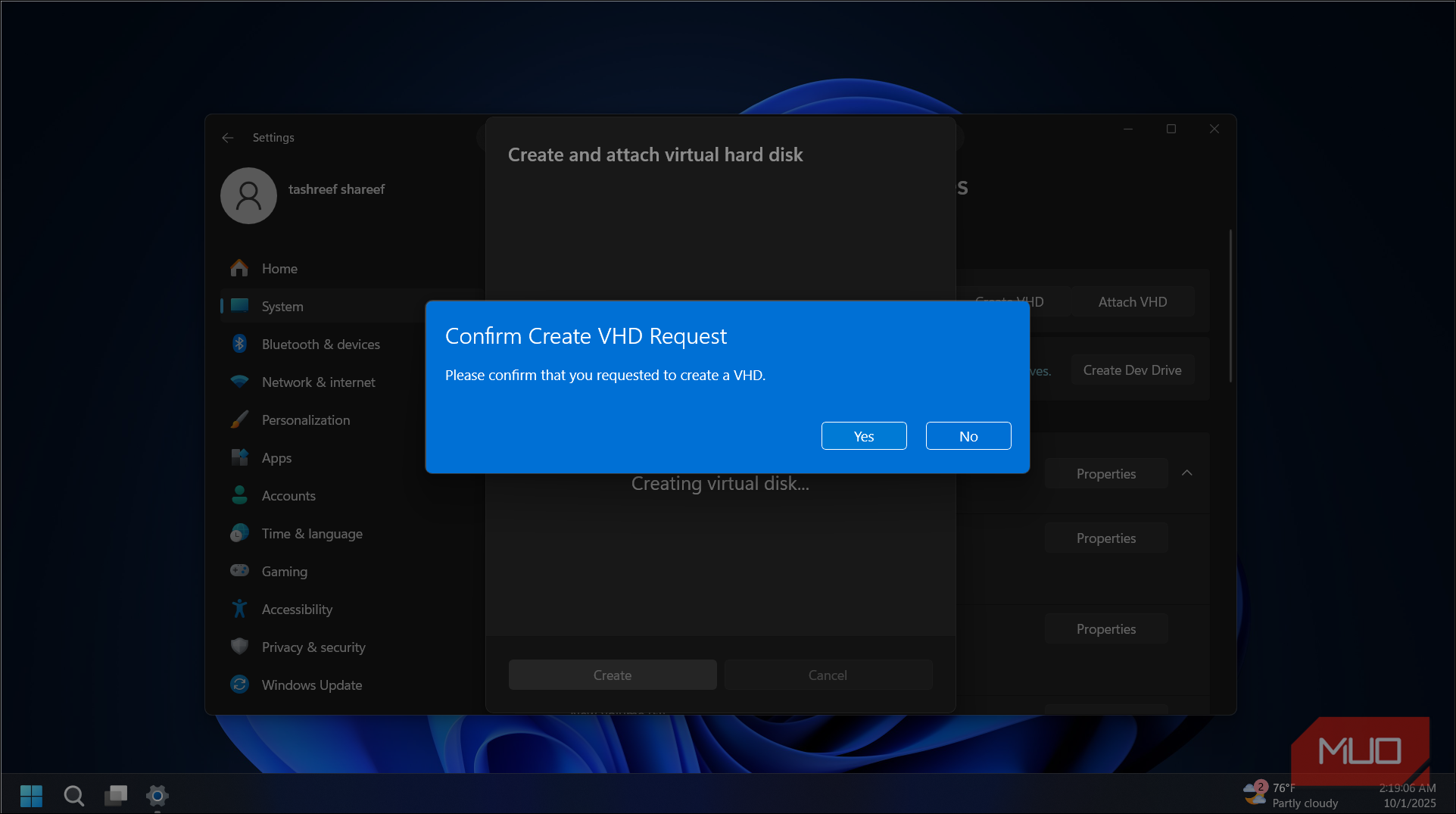 Confirm create VHD request dialog on Windows 11