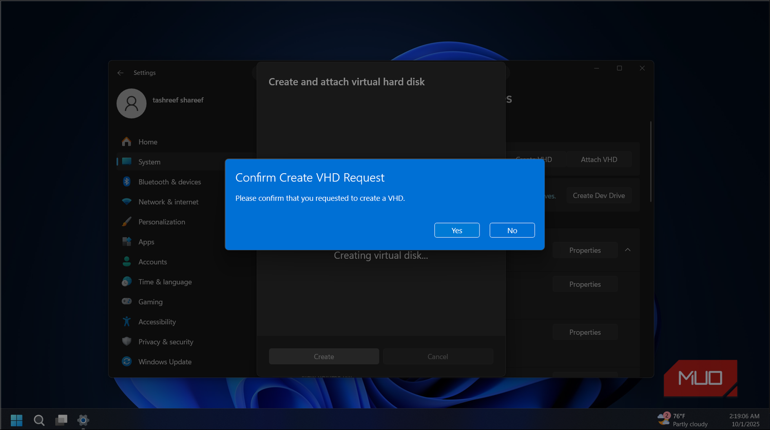 Confirm create VHD request dialog on Windows 11