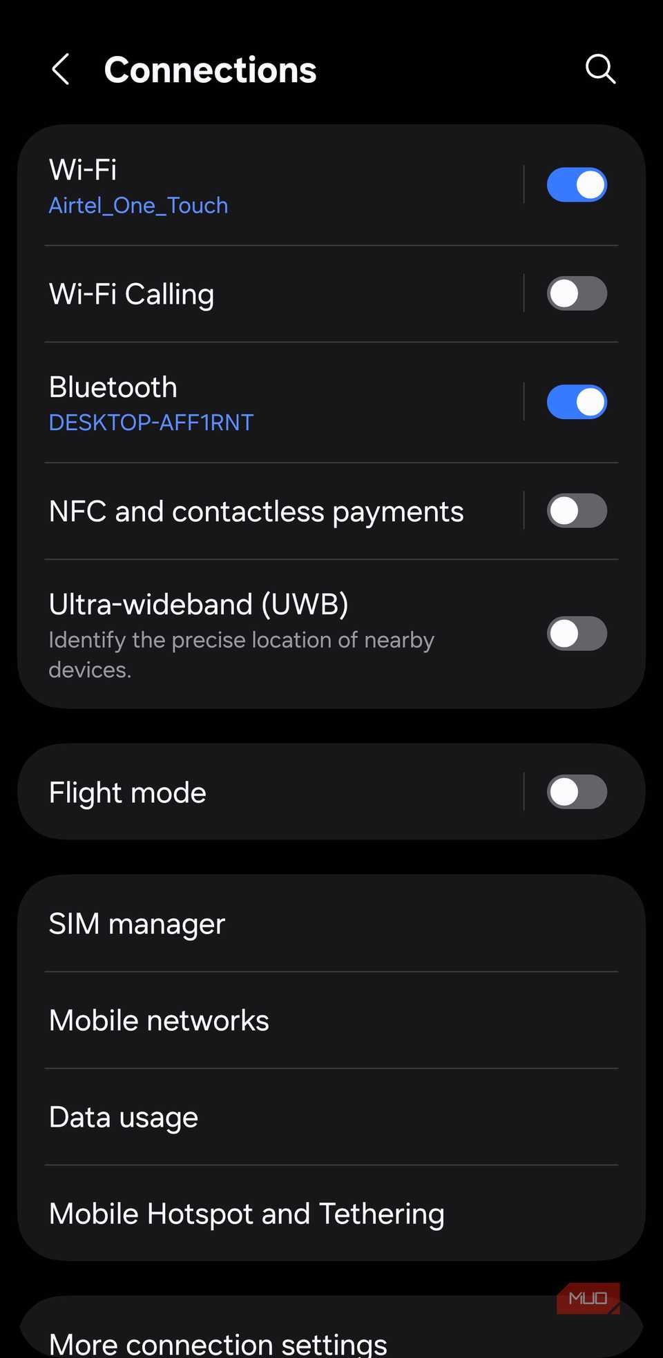 Connections menu showing Wi-Fi and Bluetooth toggles