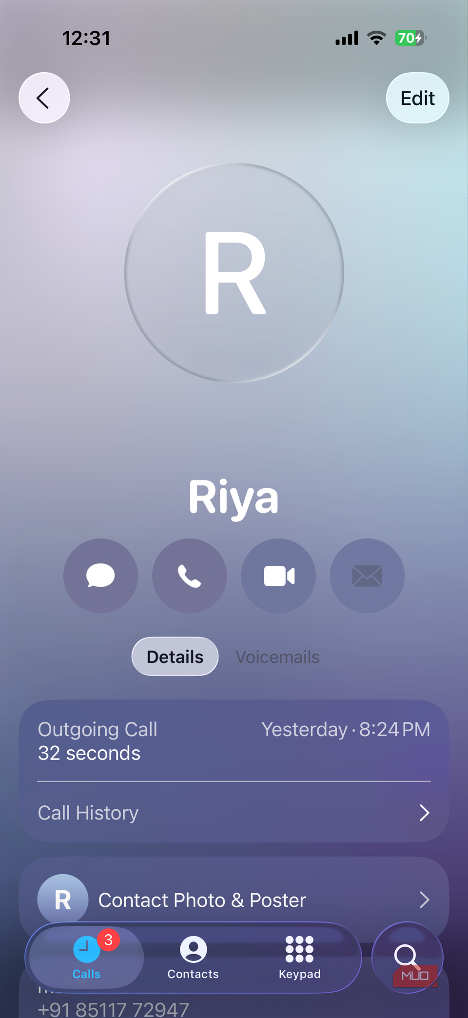 Contact info on iPhone running iOS 26