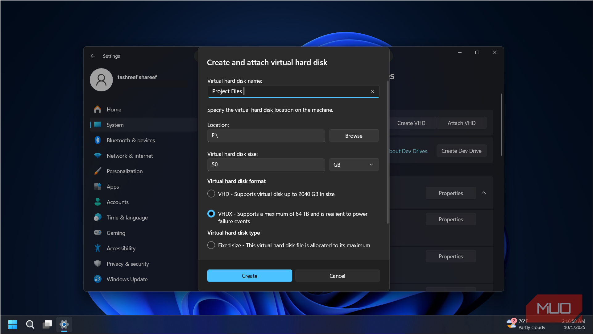 Creae a virtual hard disk option on the Windows 11 Settings app 1