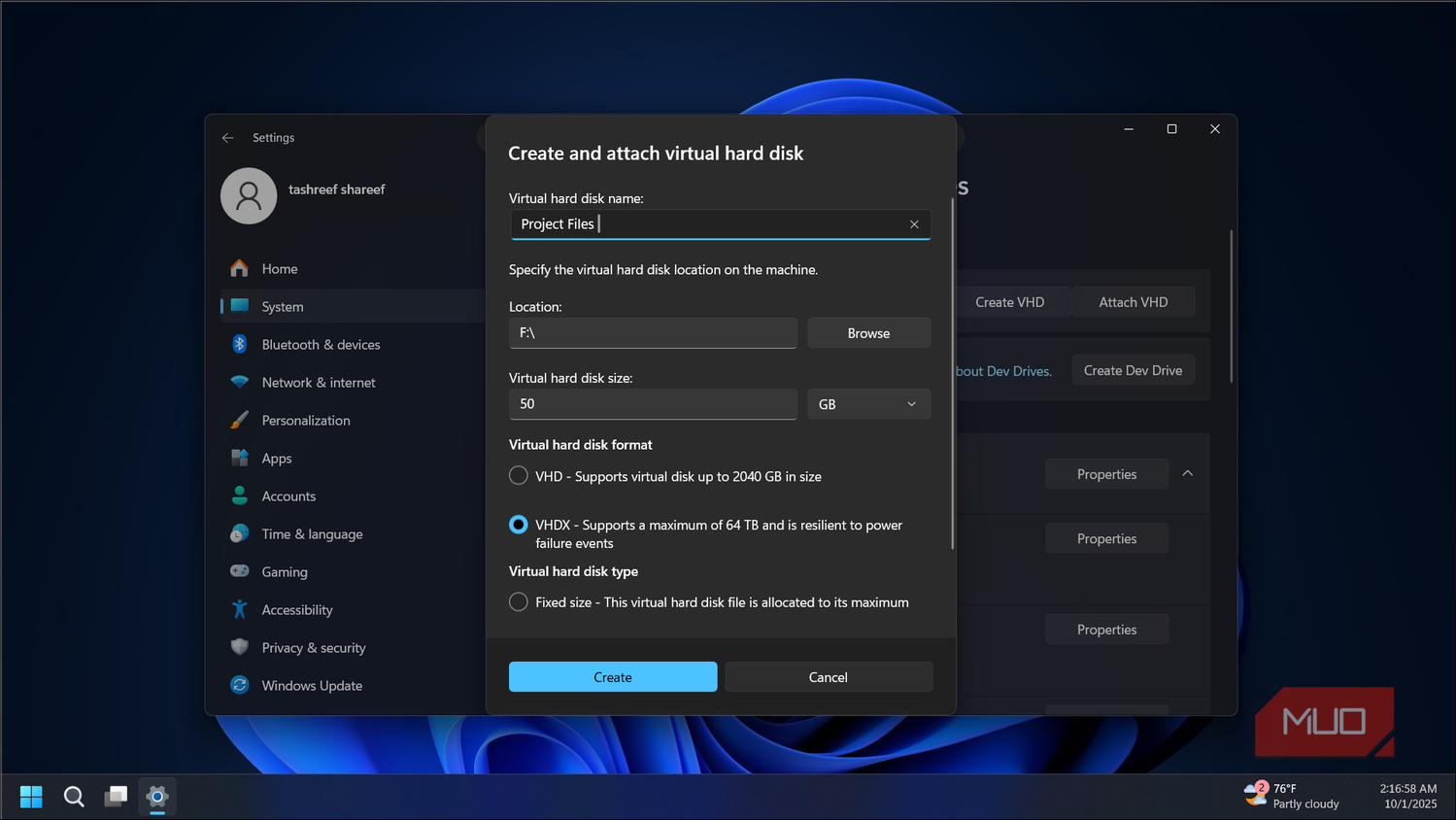 Creae a virtual hard disk option on the Windows 11 Settings app 1