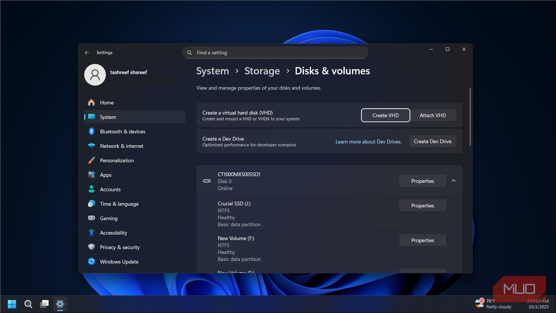 Creae a virtual hard disk option on the Windows 11 Settings app