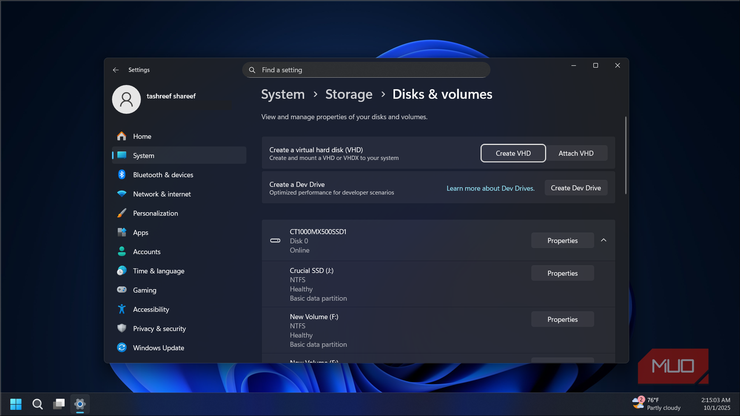 Creae a virtual hard disk option on the Windows 11 Settings app