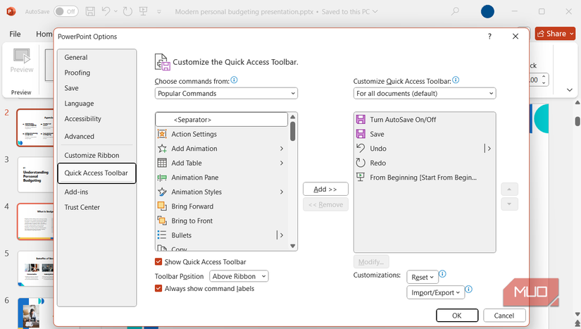 Customize Quick Access toolbar in PowerPoint
