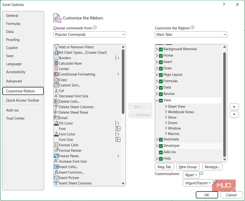 Customizing the ribbon in Excel
