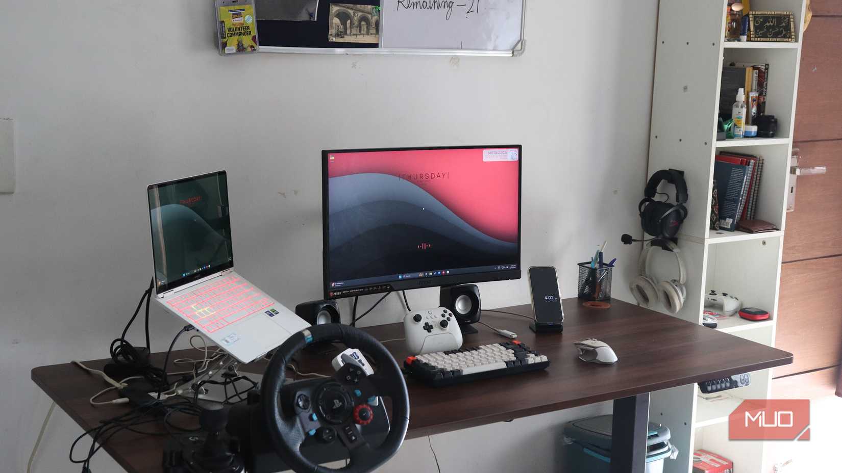 Laptop work setup on a desk. 