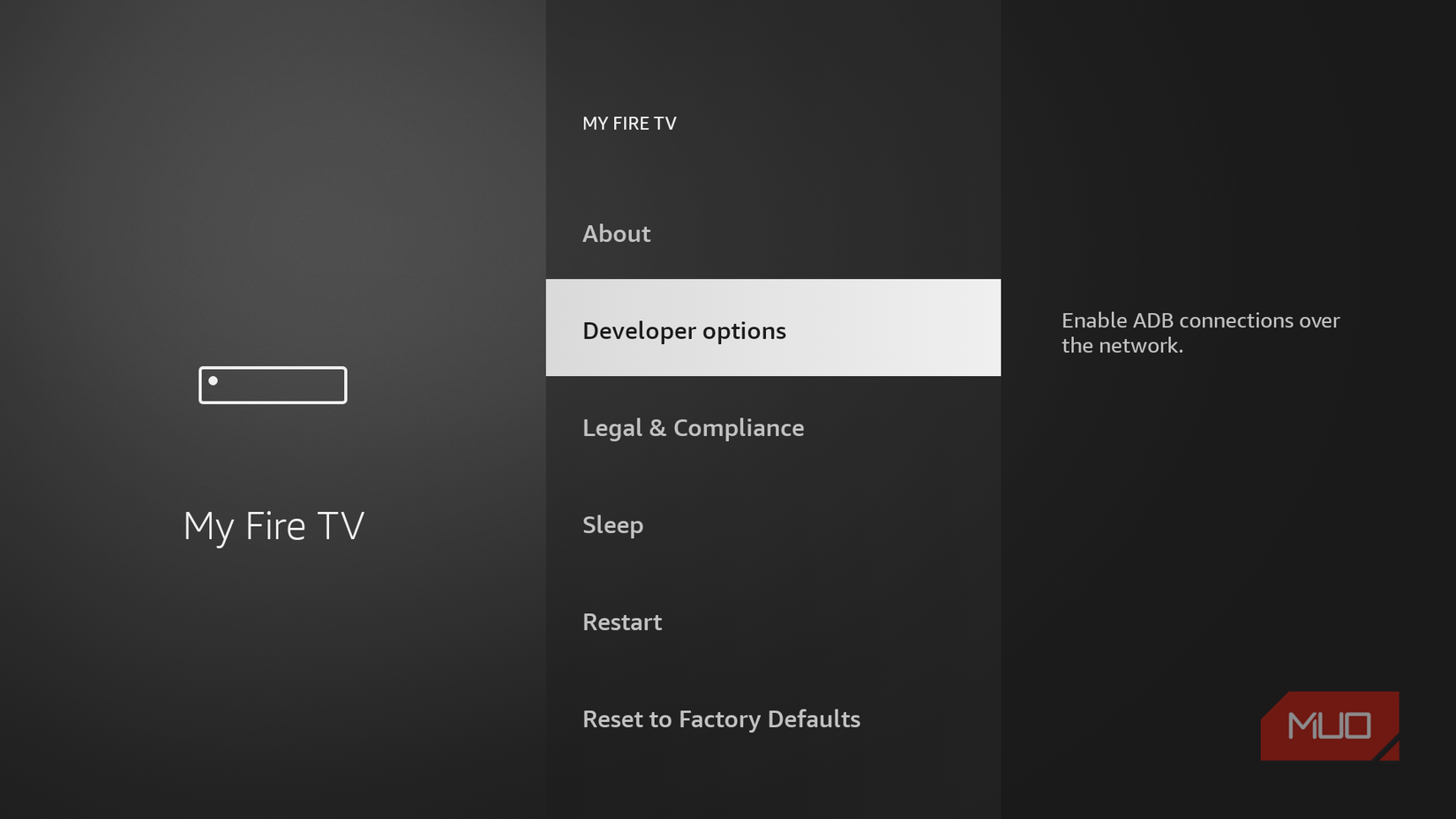 The Developer Options menu on Fire TV.