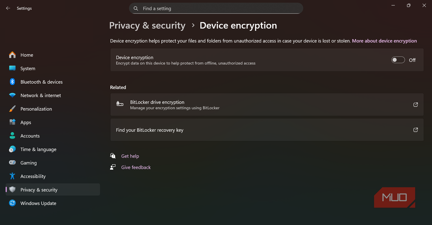 Screenshot of device encryption enabled in Privacy & security Windows 11 settings.