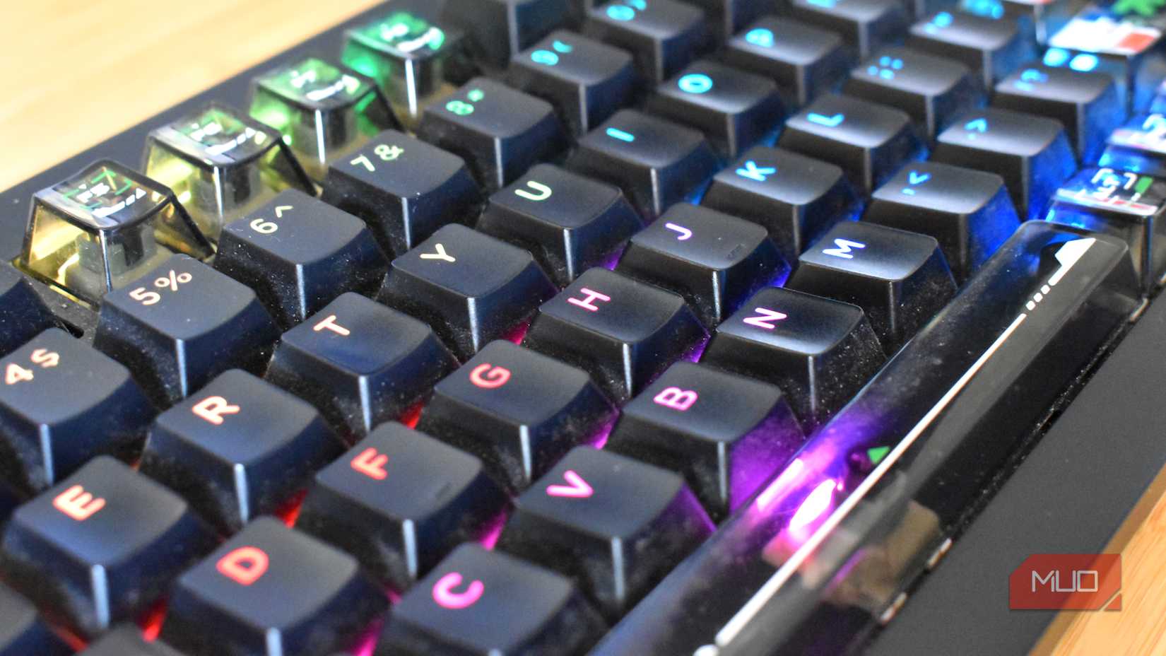 dirty mechanical keyboard long view close up dusty keycaps