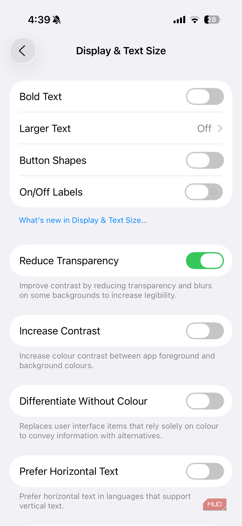Display accessibility settings on iPhone