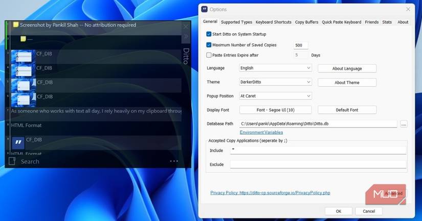 Ditto clipboard with Options menu showing customization options