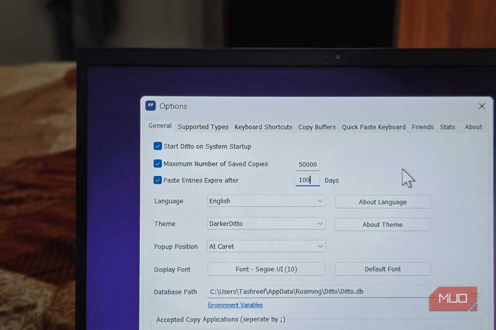 Ditto settings dialog open on a HP pavillion laptop