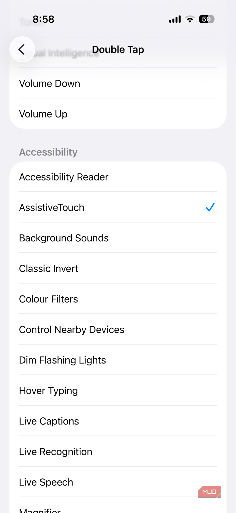Double back tap settings menu on iPhone