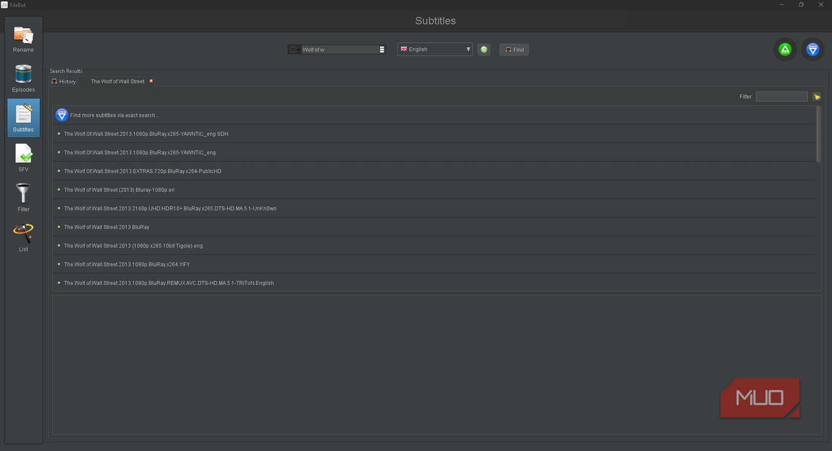 Downloading subtitles for the movie The Wolf of Wall Street in FileBot.
