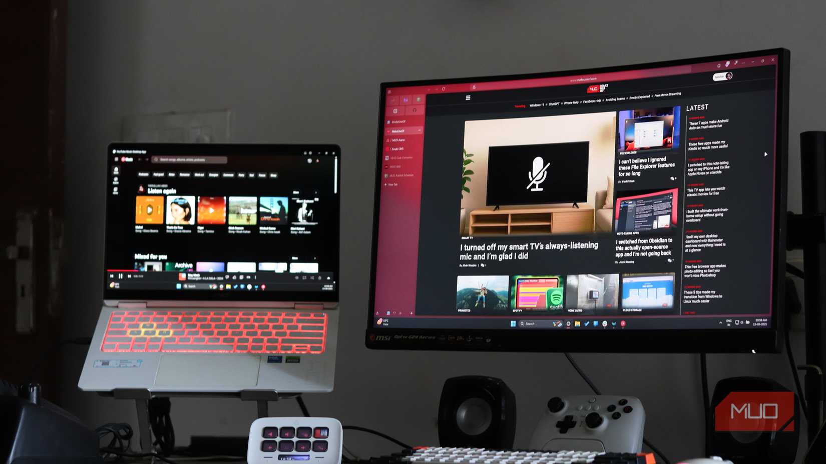 Dual monitor setup with laptop.