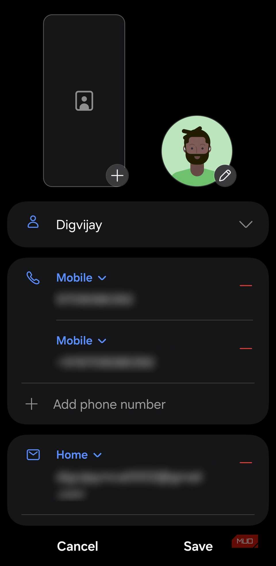 Edit contact details screen with phone numbers and email fields-1