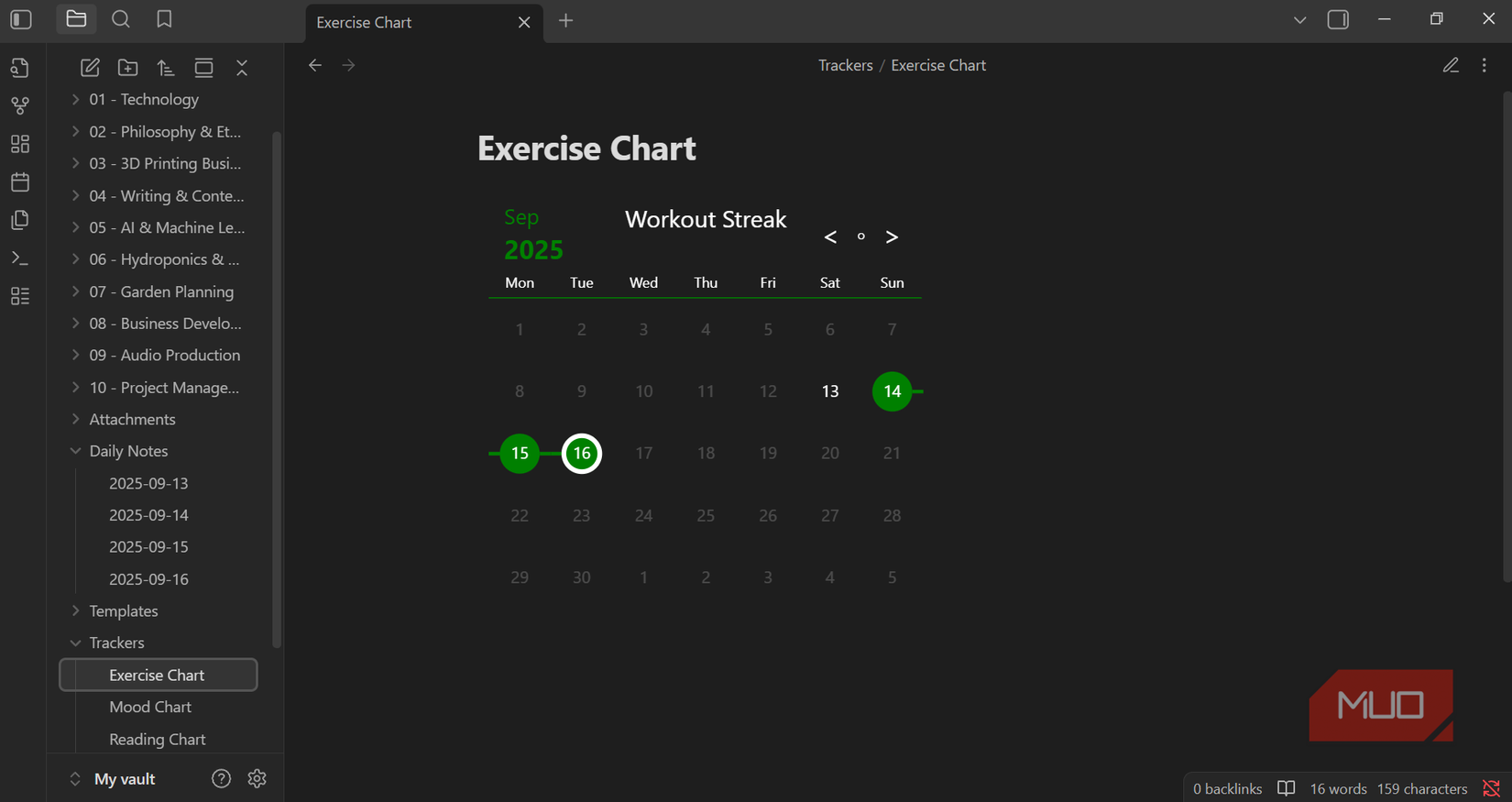 Exercise streak tracker chart