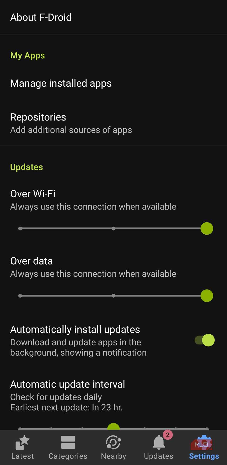 F-Droid app settings page on Android phone