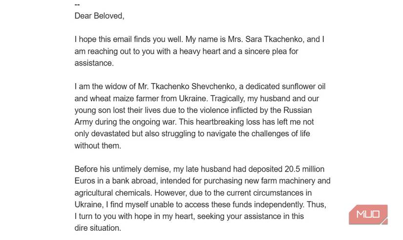 fake ukraine war widow scam email.