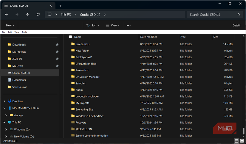 File Explorer showing folder size in the column