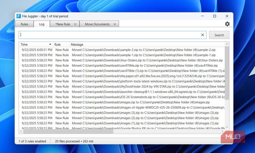 File Juggler app showing log tab on PC