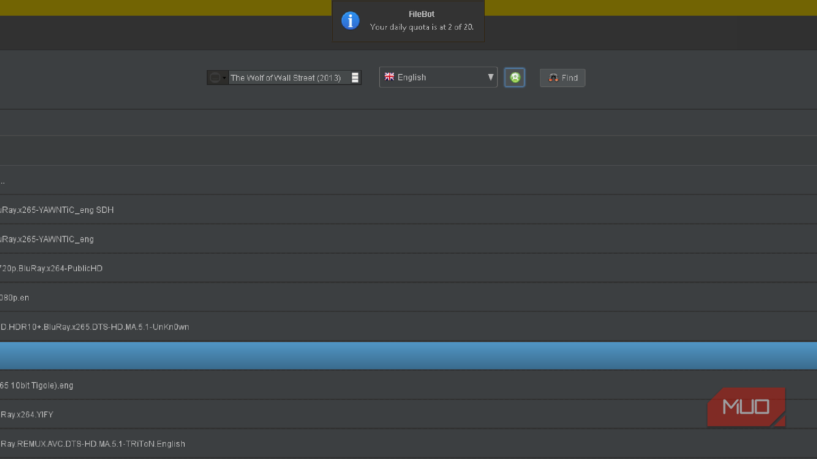 FileBot's daily quota warning box showing 2 out of 20 subtitle downloads.