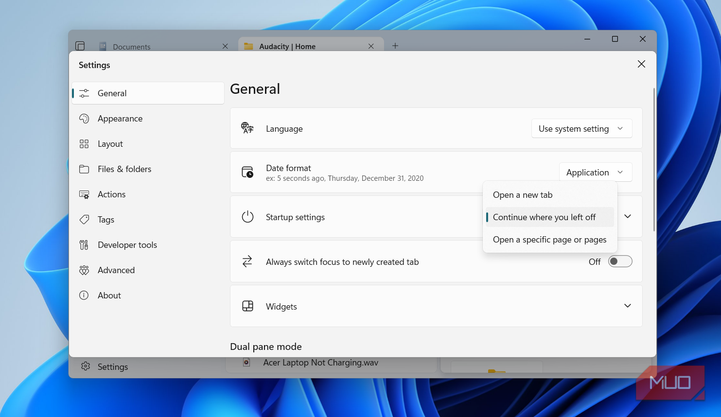 Files app settings menu on Windows