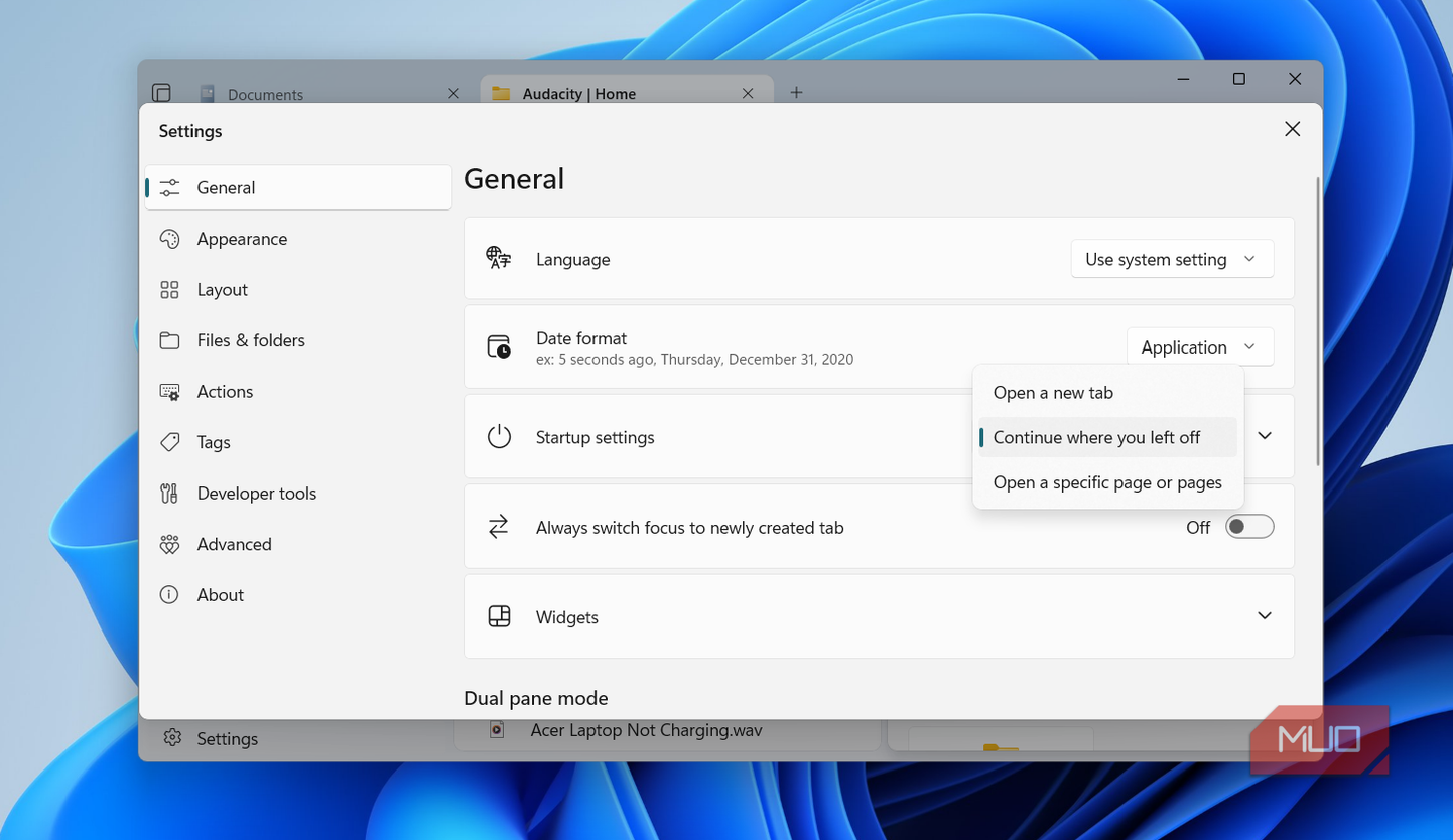 Files app settings menu on Windows