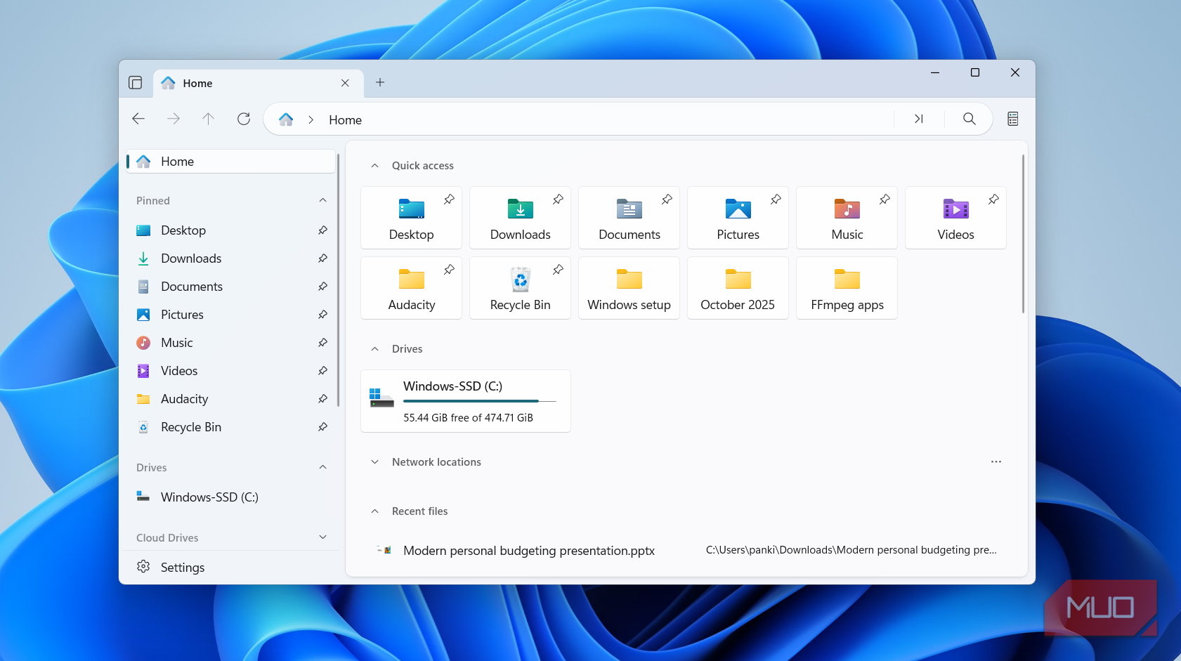 Files app showing Home tab on Windows 11 PC