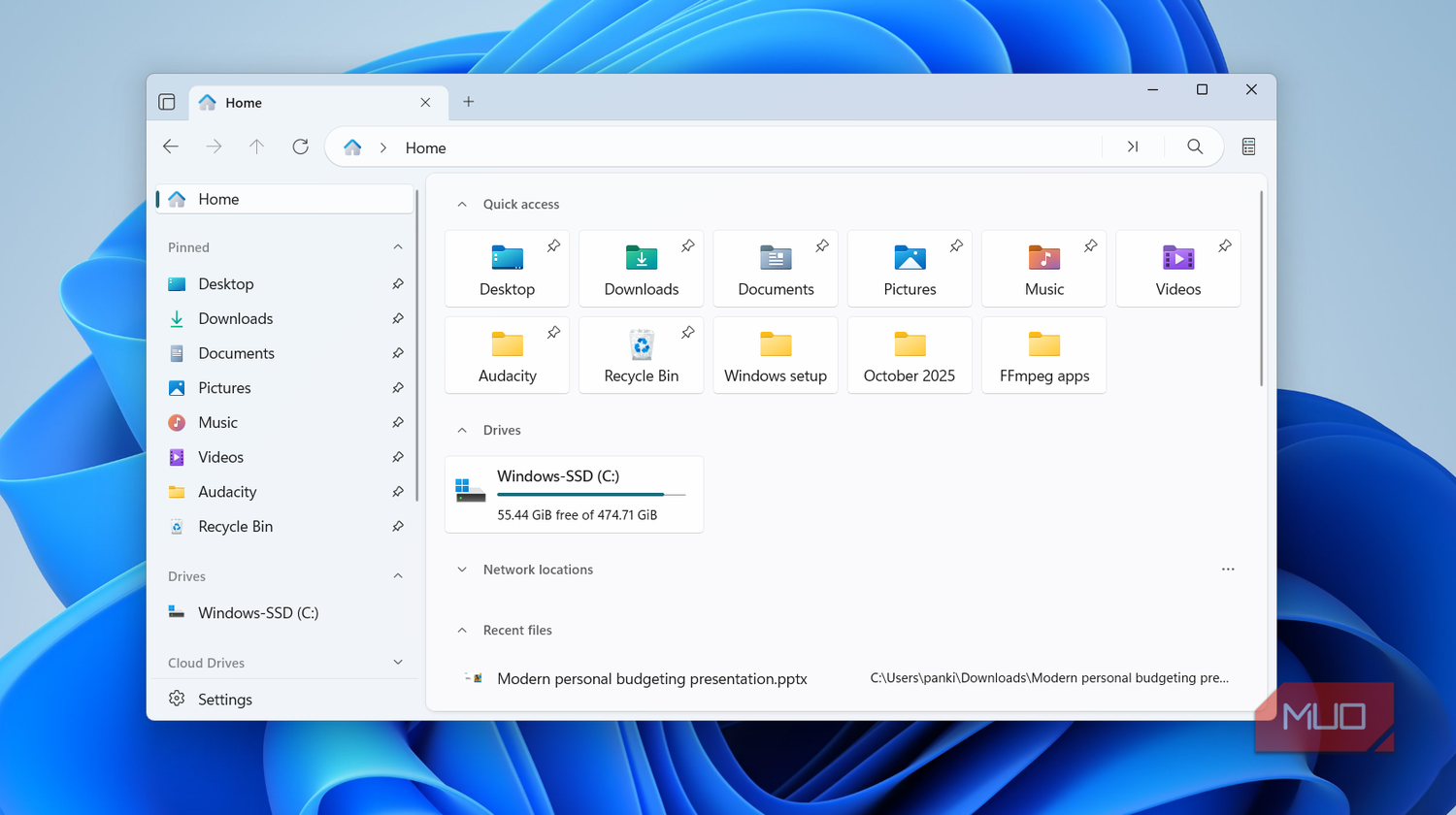 Files app showing Home tab on Windows 11 PC