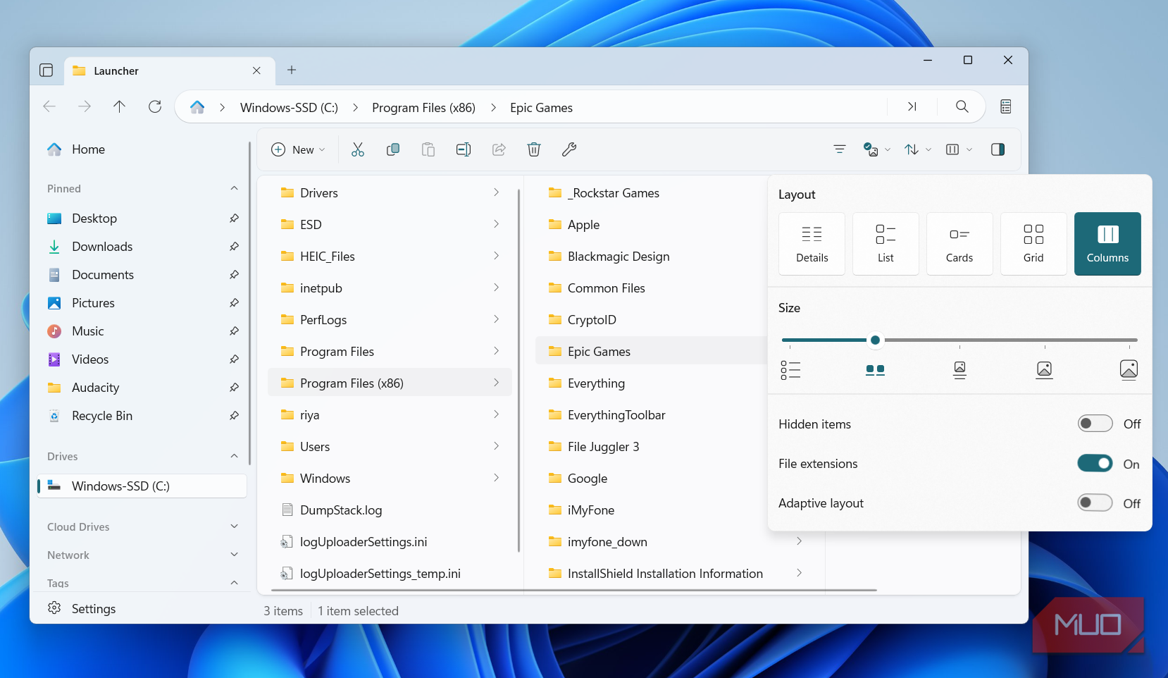 Files app with column view on PC